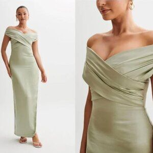 NWT MESHKI Harley Off The Shoulder Cross Satin Maxi Dress in Sage Green Size XS